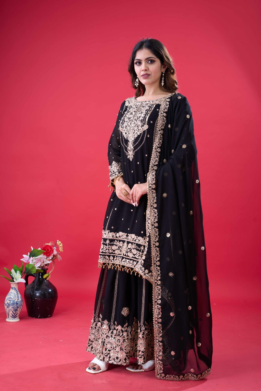 Prazu Fashion Black Georgette Embroidered Rivet Moti Work Palazzo Suit