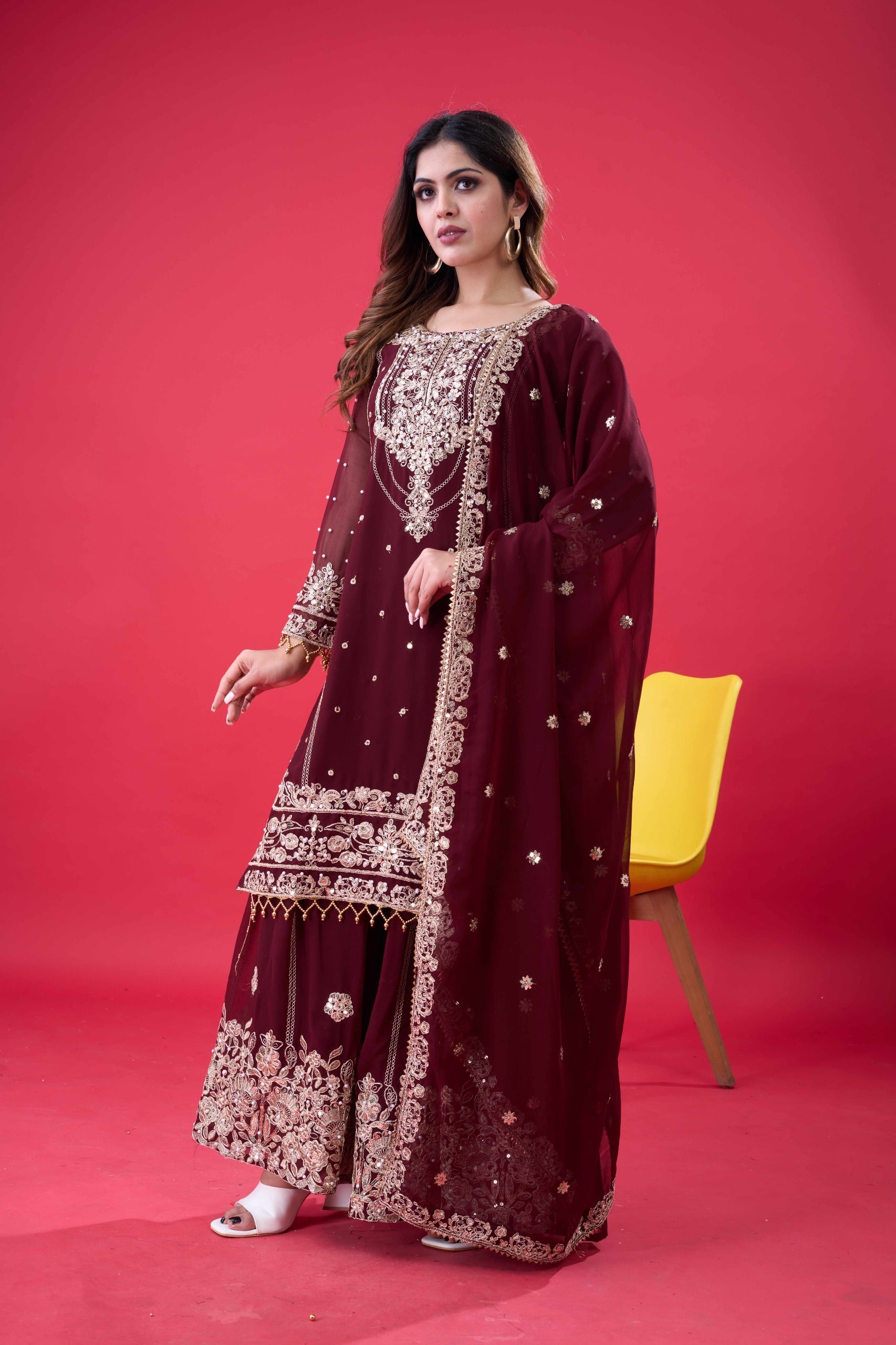 Prazu Fashion Coffee Georgette Embroidered Rivet Moti Work Palazzo Suit