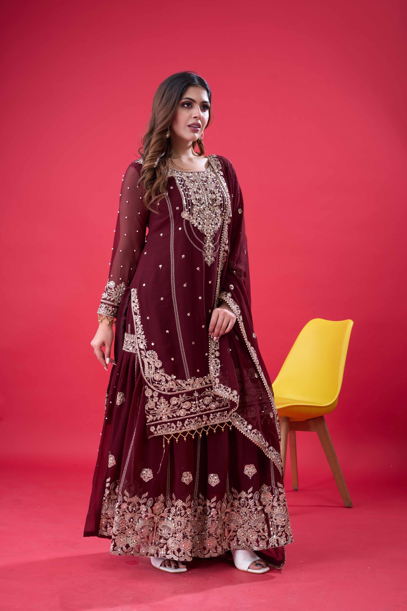 Prazu Fashion Coffee Georgette Embroidered Rivet Moti Work Palazzo Suit