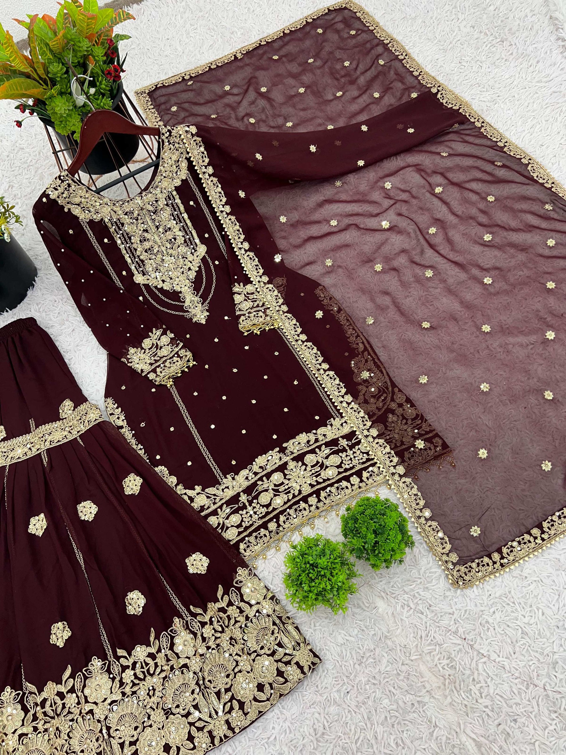 Prazu Fashion Coffee Georgette Embroidered Rivet Moti Work Palazzo Suit