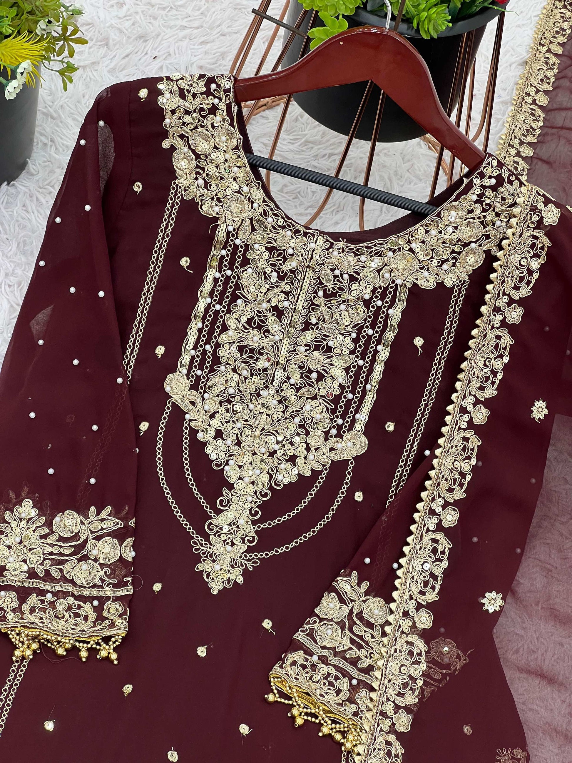 Prazu Fashion Coffee Georgette Embroidered Rivet Moti Work Palazzo Suit