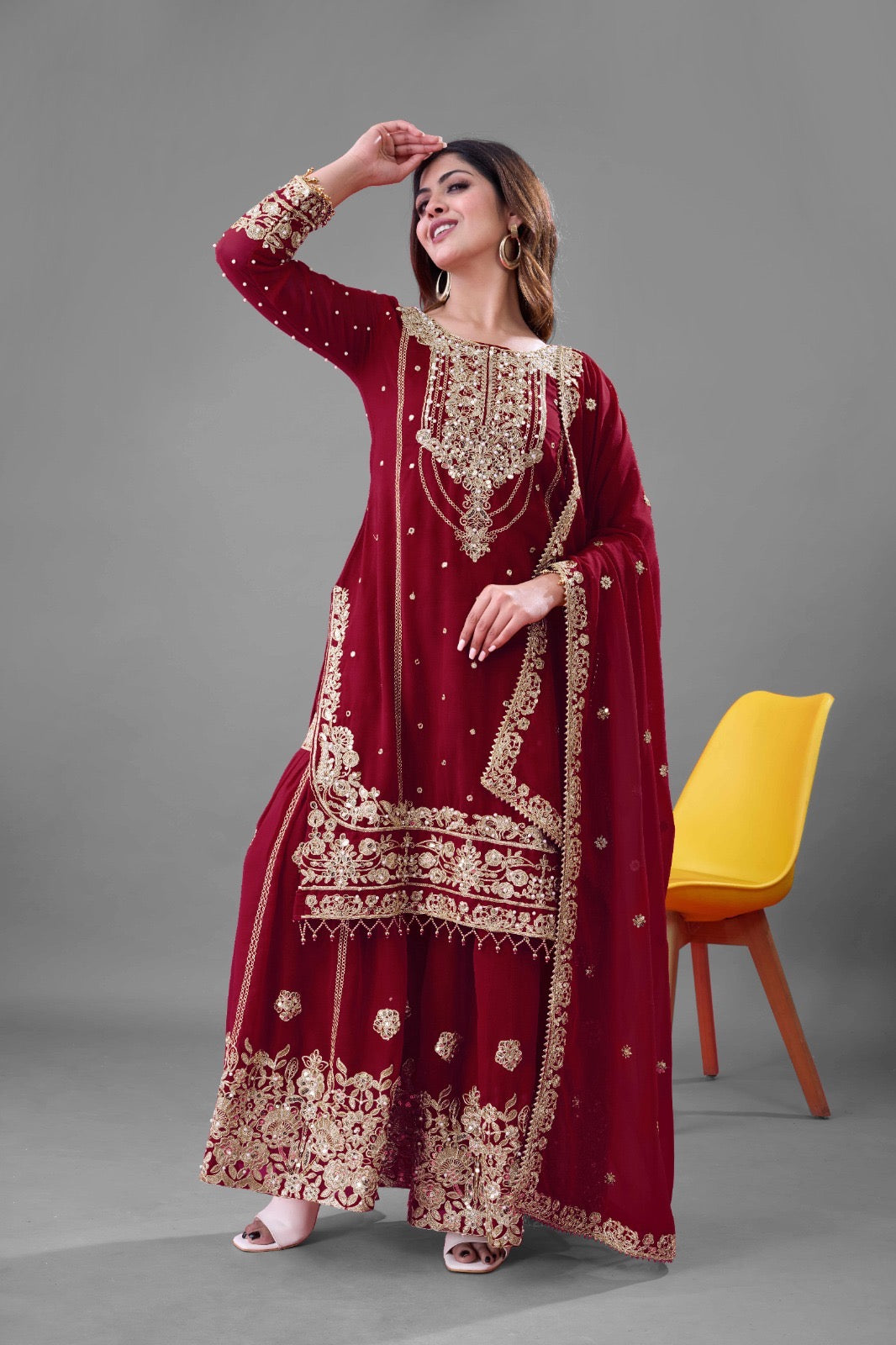 Prazu Fashion Maroon Georgette Embroidered Rivet Moti Work Palazzo Suit
