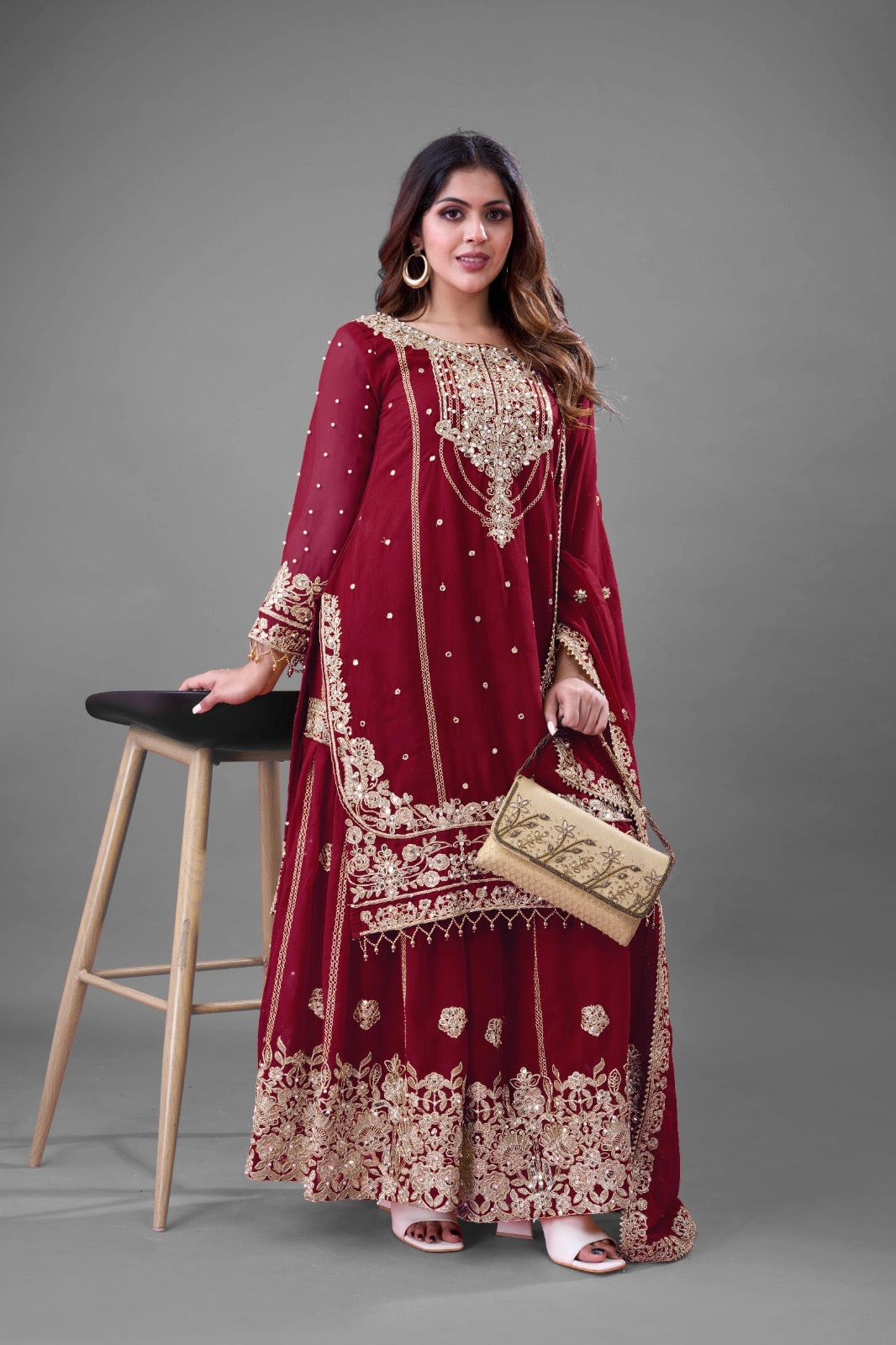 Prazu Fashion Maroon Georgette Embroidered Rivet Moti Work Palazzo Suit