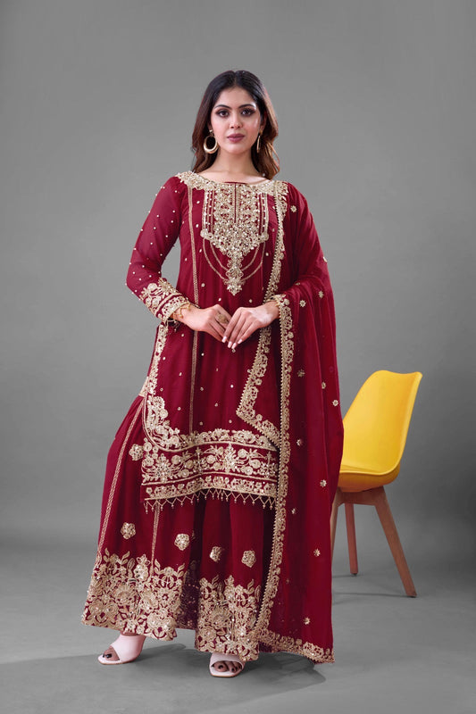 Prazu Fashion Maroon Georgette Embroidered Rivet Moti Work Palazzo Suit