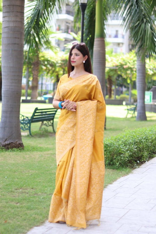 Aastha Fashion Yellow Woven Handloom Raw Silk Saree with Blouse - Grab2buy