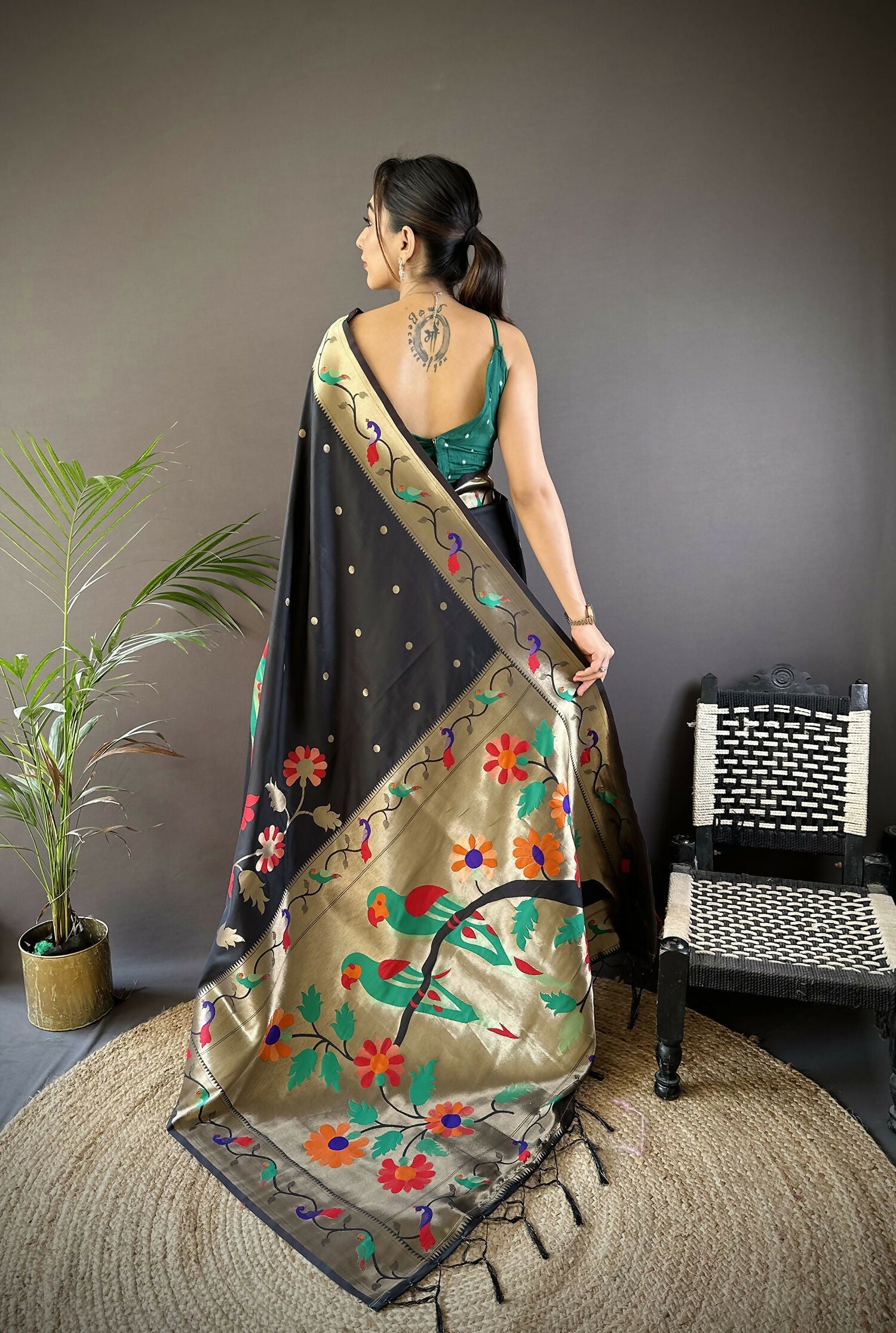 Joban Fashion Black Zari Woven Floral Motifs Soft Silk Paithani Silk Saree