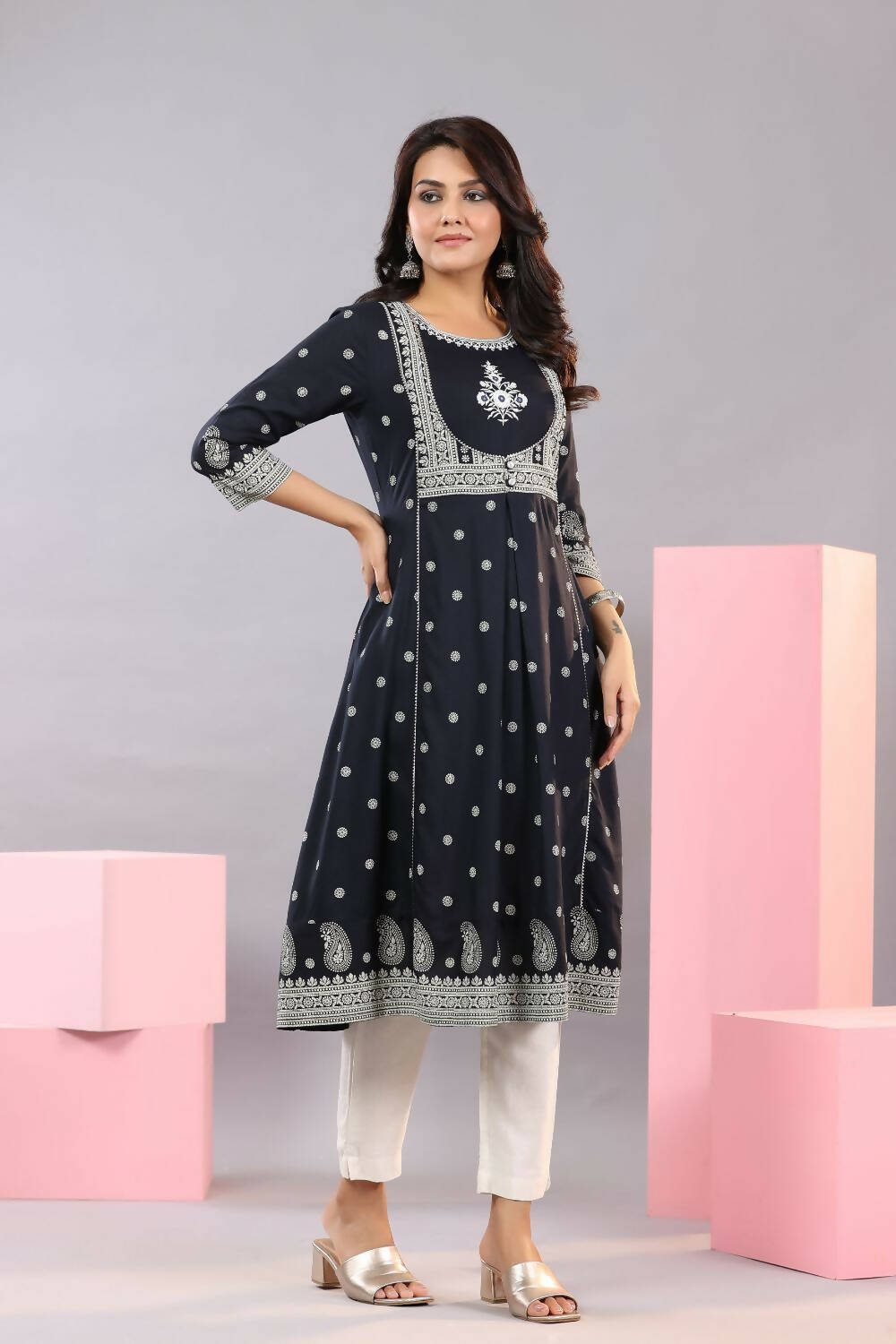 Juniper Women Indigo Rayon Printed A-Line Kurta