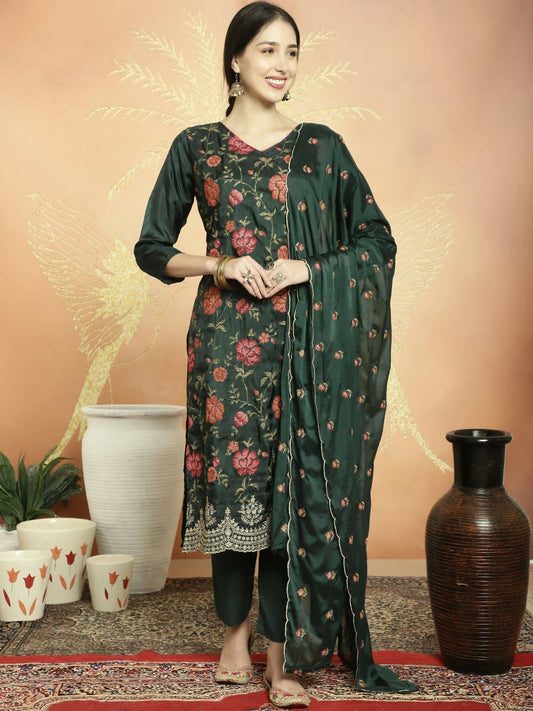 Aastha Fashion Women's Green Upada Silk Floral Resham Thread Kurta with Trouser & Dupatta - Grab2buy