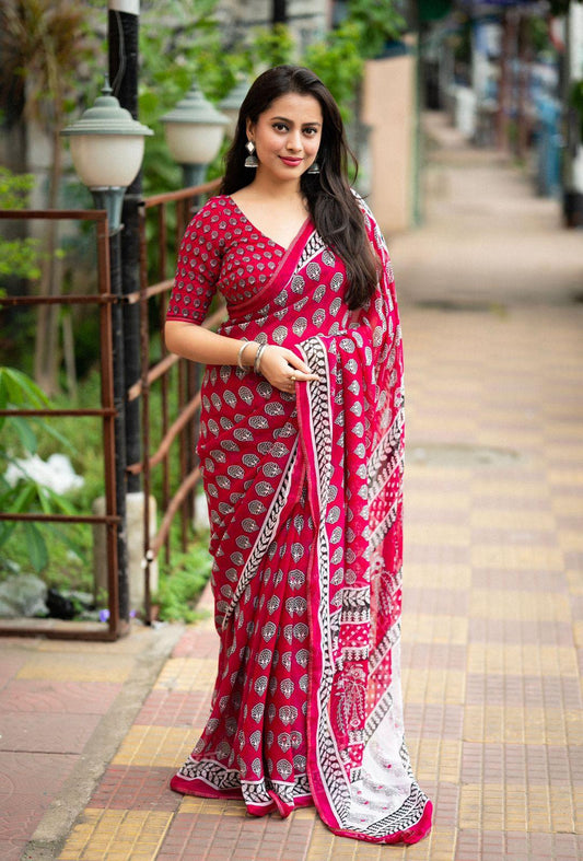 Rani Poly Georgette Ajrak Saree with Unstitched Blouse - A2M