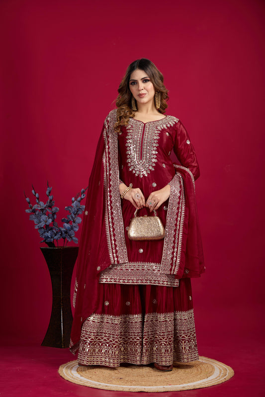 Teeya Creation Maroon Color Chinnon Silk Heavy Embroidery Work Fully Stitched Sharara Suit