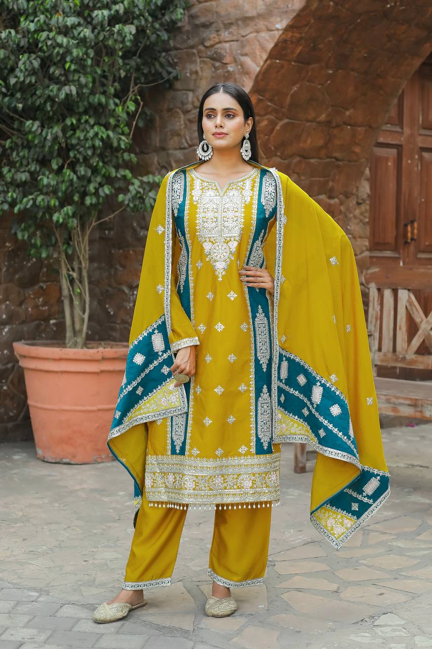 Teeya Creation Mustard Color Chinon Silk Heavy Work Fully Stitched Pakistani Salwar Suit