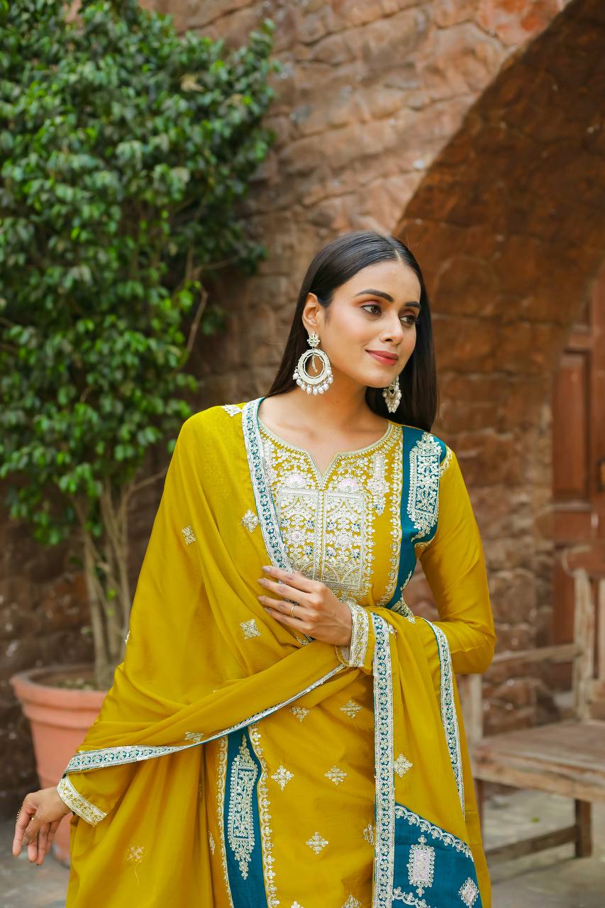 Teeya Creation Mustard Color Chinon Silk Heavy Work Fully Stitched Pakistani Salwar Suit