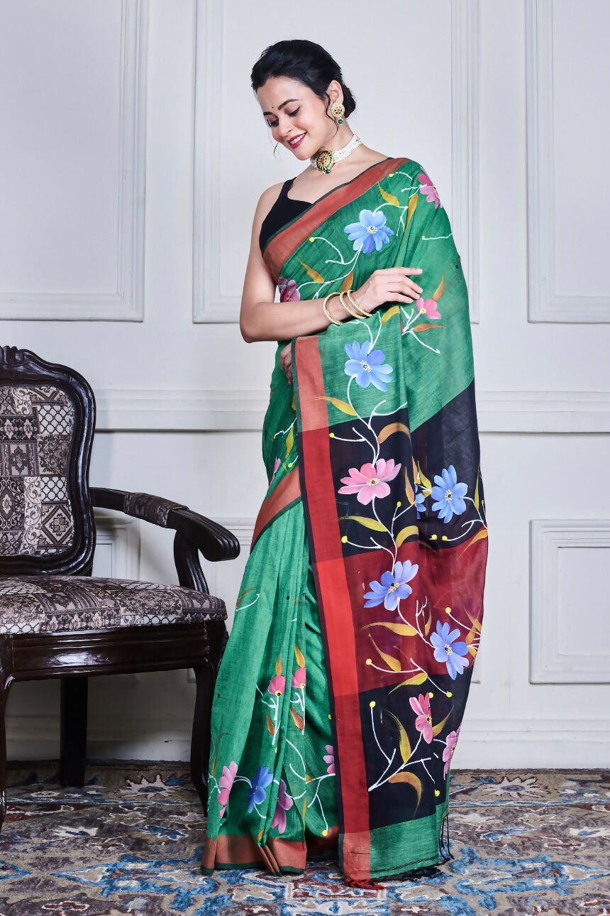 Morchari Multicolour Cotton Handloom Mirror Work Saree Unstitched Blouse