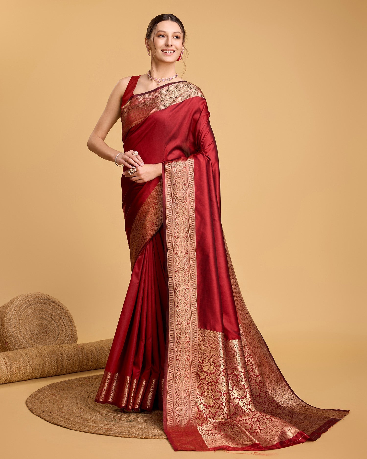 Vedant Vastram Soft Litchi Silk Banarasi Silk Saree - Red | Swadesiicart