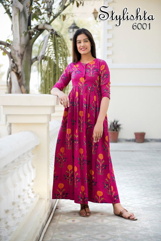 Designer Partywear Printed Pink Pure Maslin Gown - Anbazaar - Grab2buy
