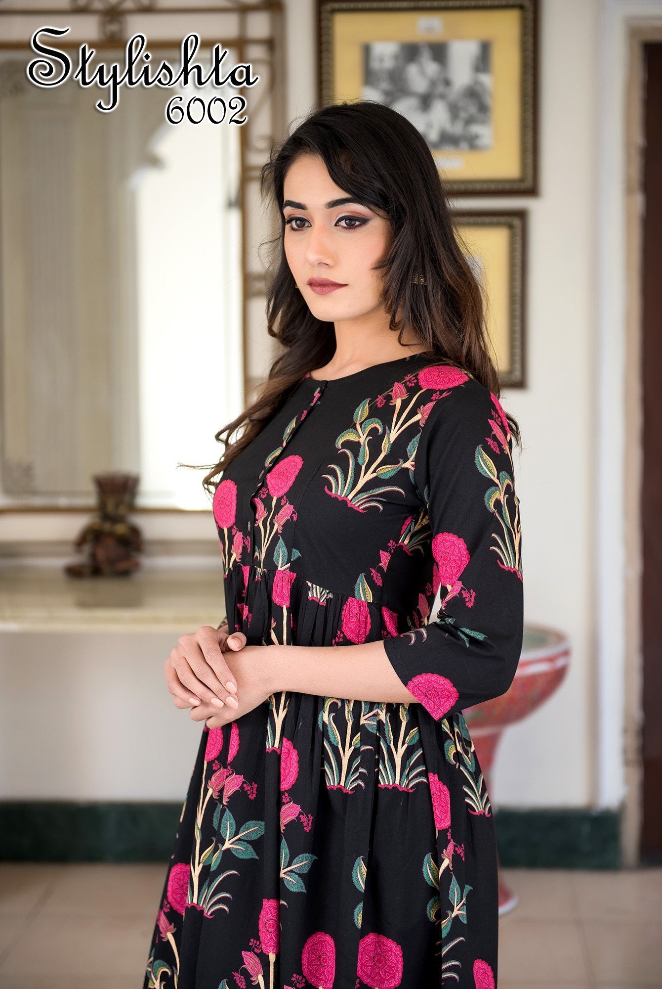 Designer Partywear Printed Black Pure Maslin Gown - Anbazaar