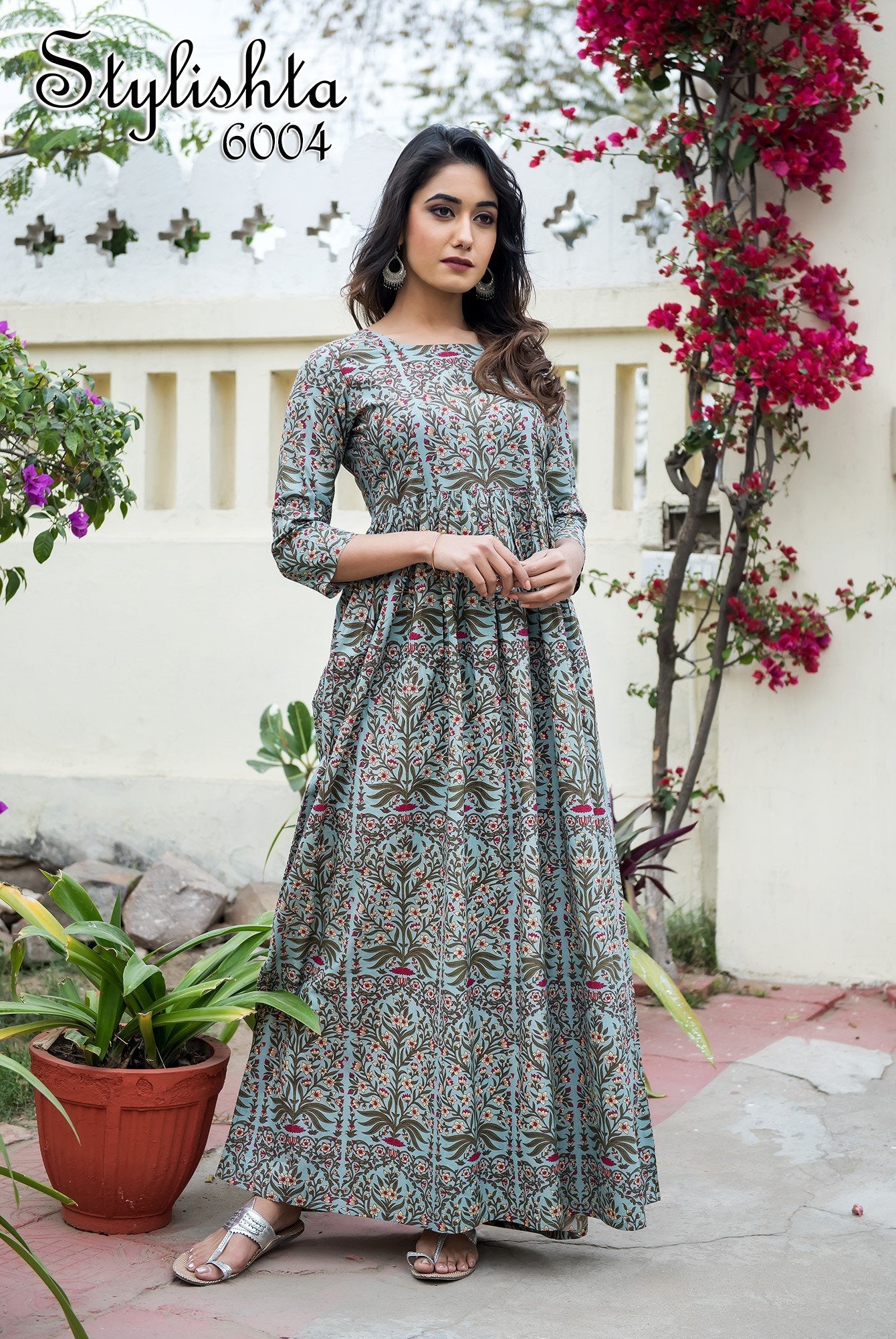 Designer Partywear Printed Light Cyan Pure Maslin Gown - Anbazaar