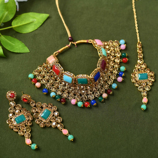 Mominos Fashion Johar Kamal Gold-Plated Rajwadi Design Heavy Multi Color Necklace Set For Women - Grab2buy