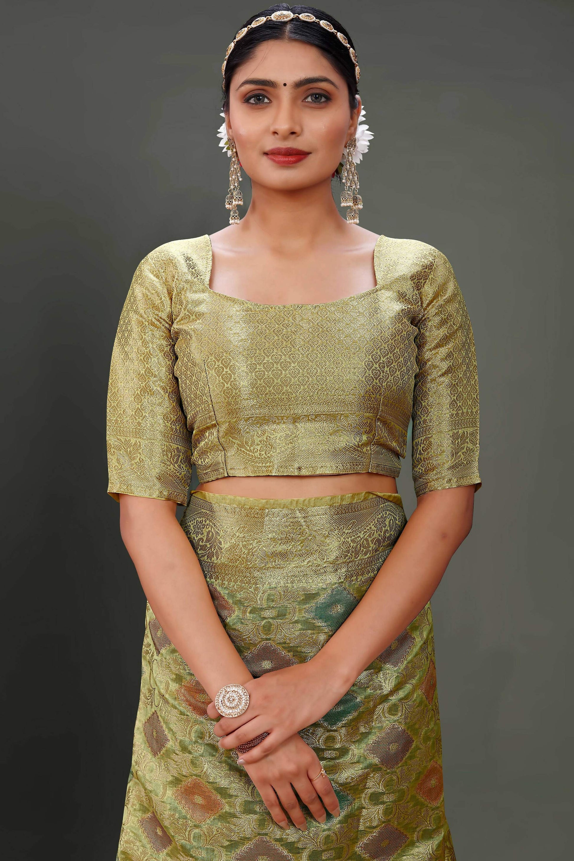 Olive Soft Organza Woven Design Saree With Unstitched Blouse Piece - Zaara