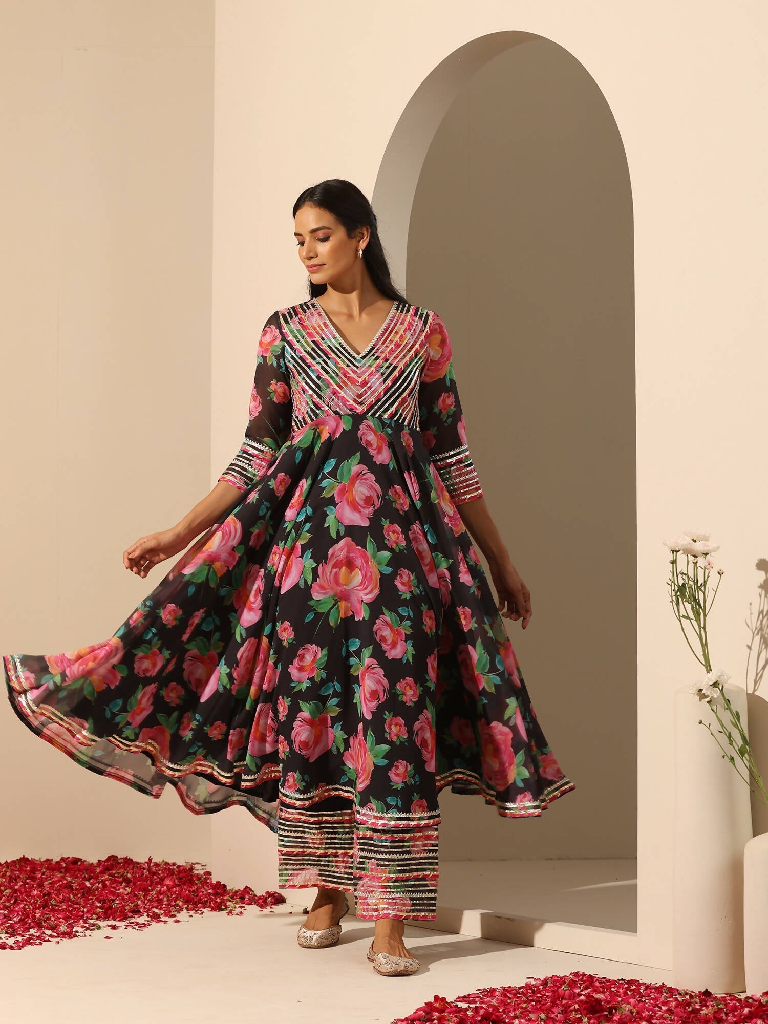 Pomcha Jaipur Black Gul Gulab Anarkali Set 