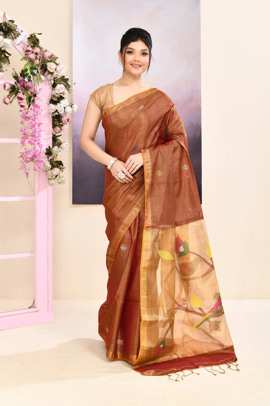 Piyari Fashion Women's Brown Embellished Tissue Jamdani Saree