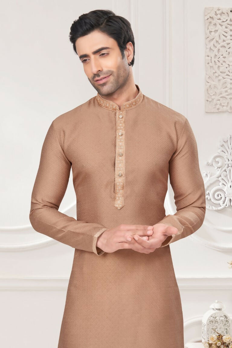 Functional Designer Men's Cream Jacquard Kurta With Pant - Rudra