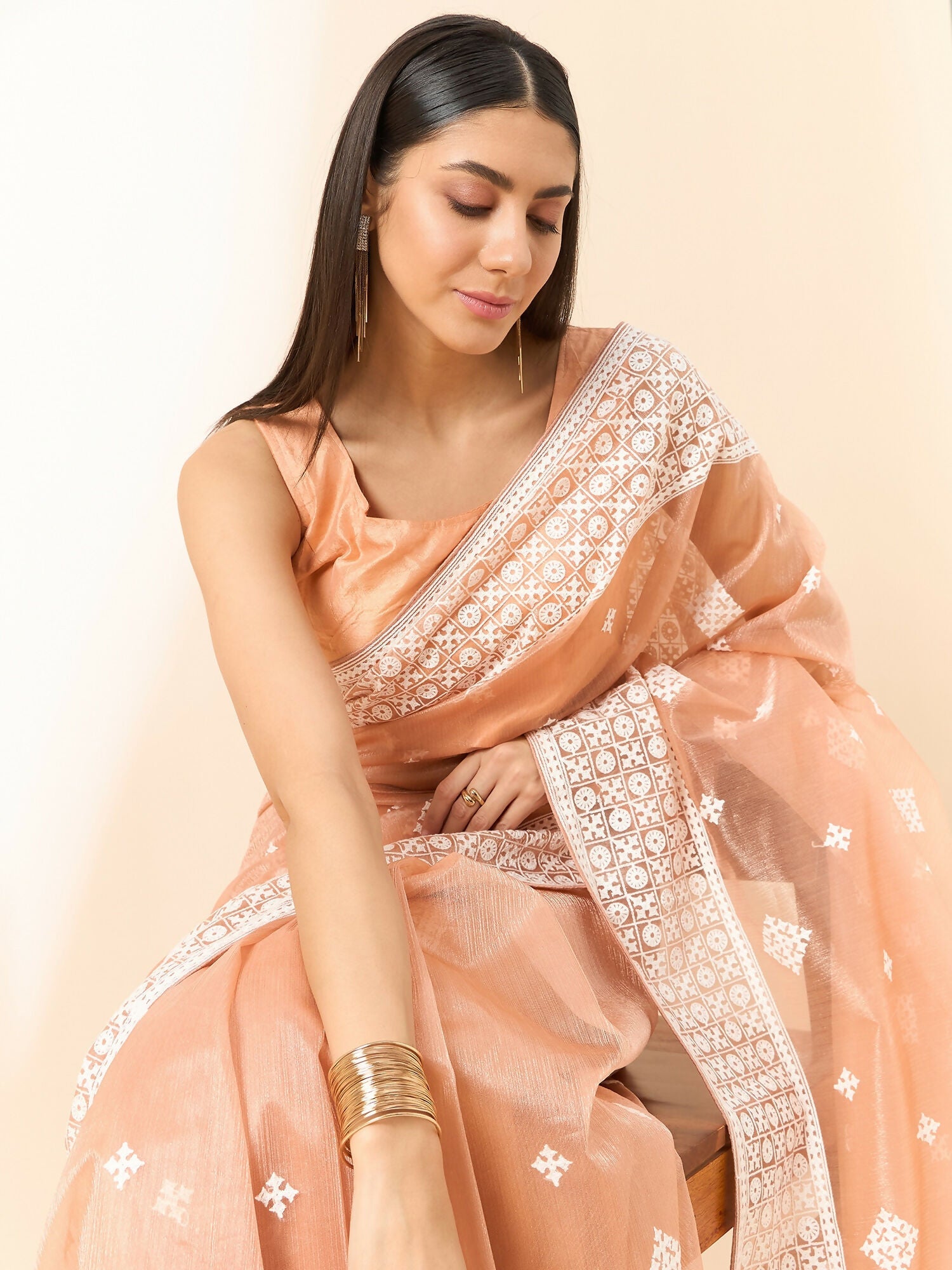 Peach Organza Geometric Embroidered Saree with Unstitched Blouse Piece - Roozal
