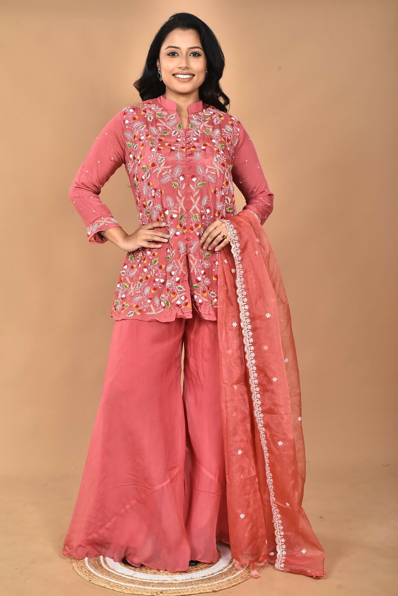 Morchari Women And Hand Embroidery Palazzo Set-Rust 