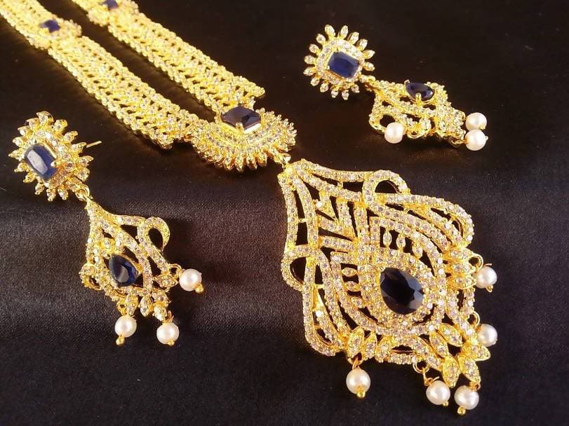 Blue AD Bridal Long Necklace Set  Grab2Buy Mokshi Collections Grab2Buy