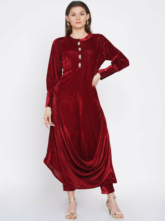 Women Republic Maroon Velvet Cowl Style Kurta With Pants - Grab2buy