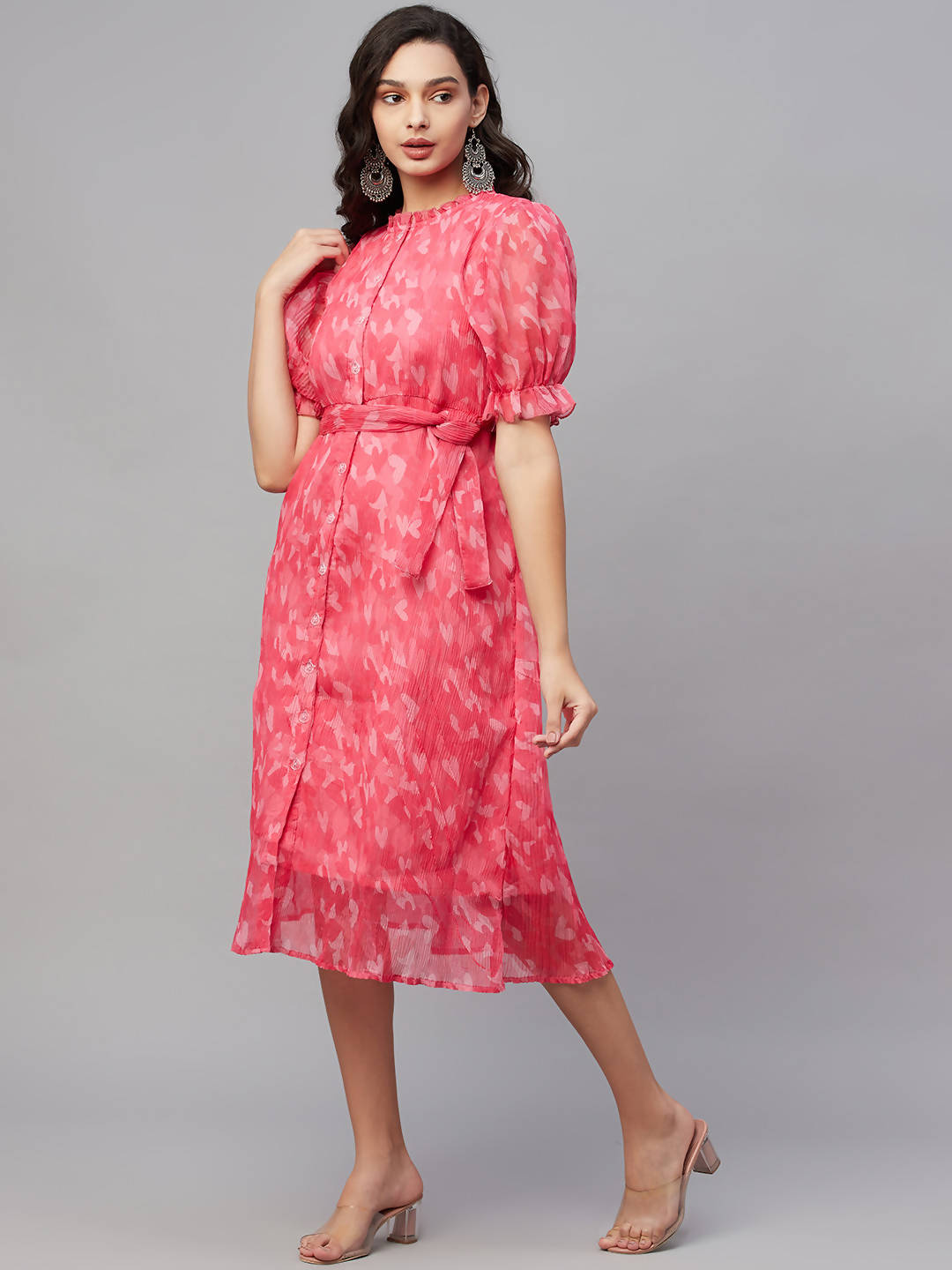 Myshka Women Pink Printed Half Sleeve Round Dress