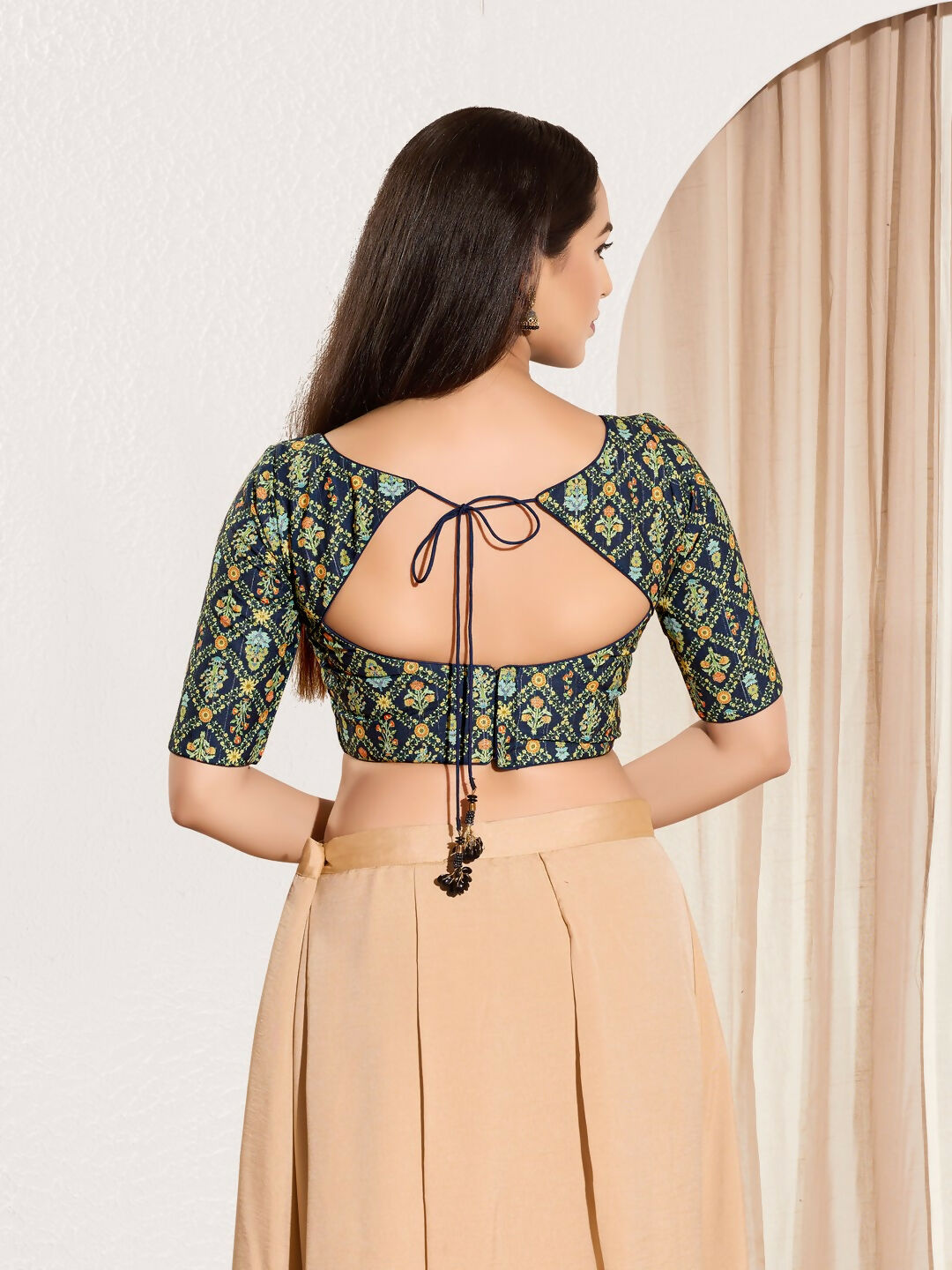 Joban Fashion Navy Blue Viscose Rayon Padded Blouse With Sweetheart Neck Elbow Sleeves