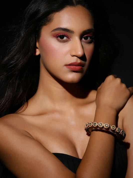 Gold-Polished Green Kundan-Studded Bangle - Ruby Raang 