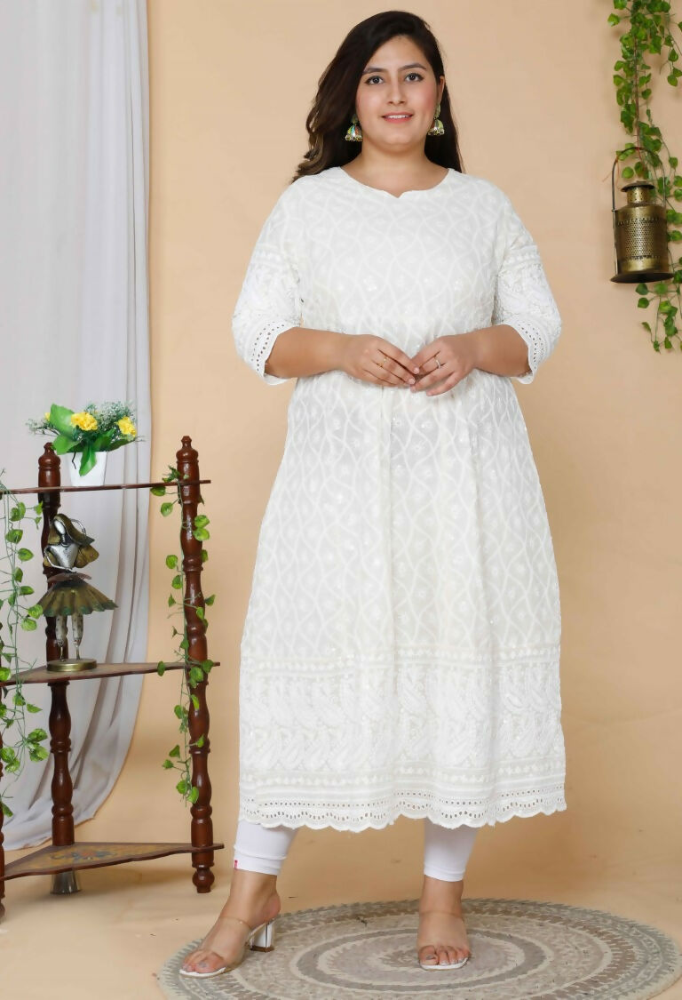Miravan Women's Plus Size Beige Chikankari Thread Work Anarkali Kurta With Dupatta 