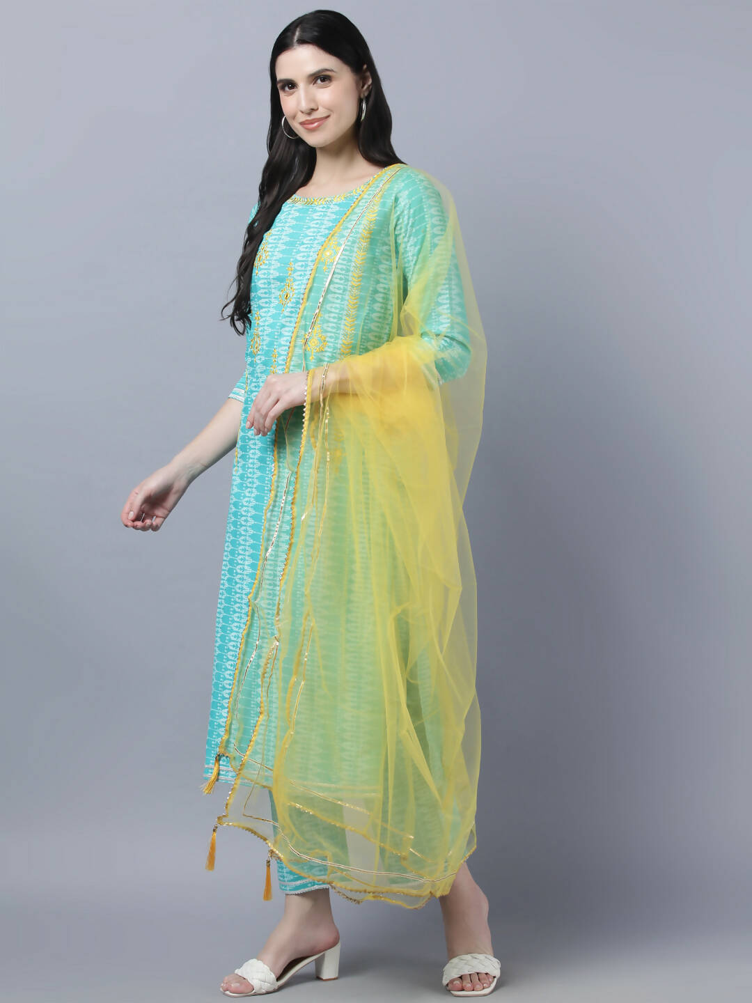 Myshka Women Turquoise Blue Layered Pure Cotton Kurti with Trousers With Dupatta Set