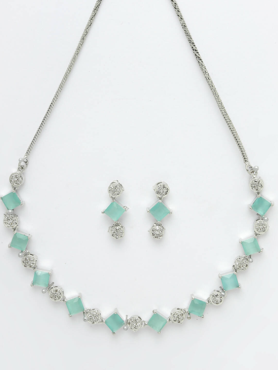 NVR Women Silver Plated & Blue Cz Stone Handcrafted Jewellery Set - Grab2buy