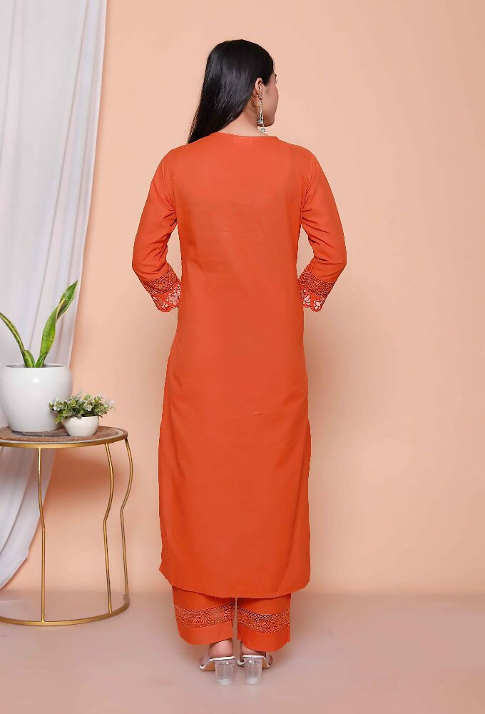 Miravan Womens Embroidered Cotton Kurta With Palazzo & Dupatta Set