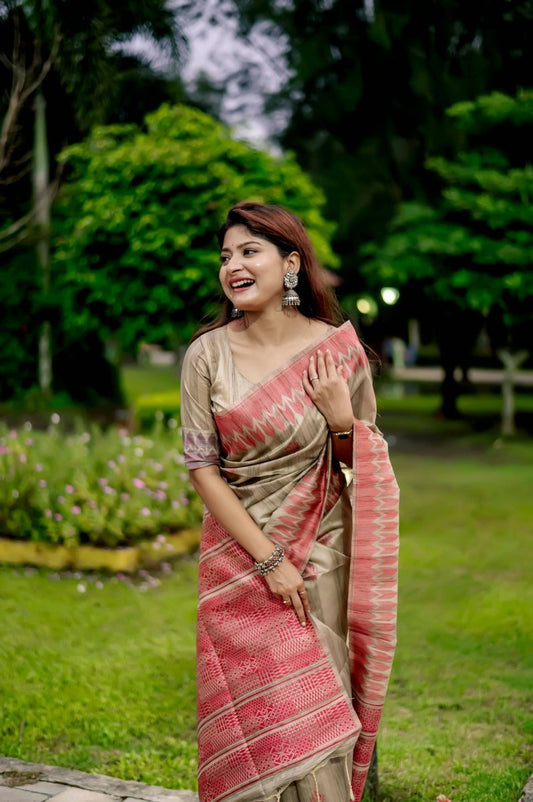 Aastha Fashion Red Thread Woven Handloom Tussar Silk Saree with Blouse - Grab2buy