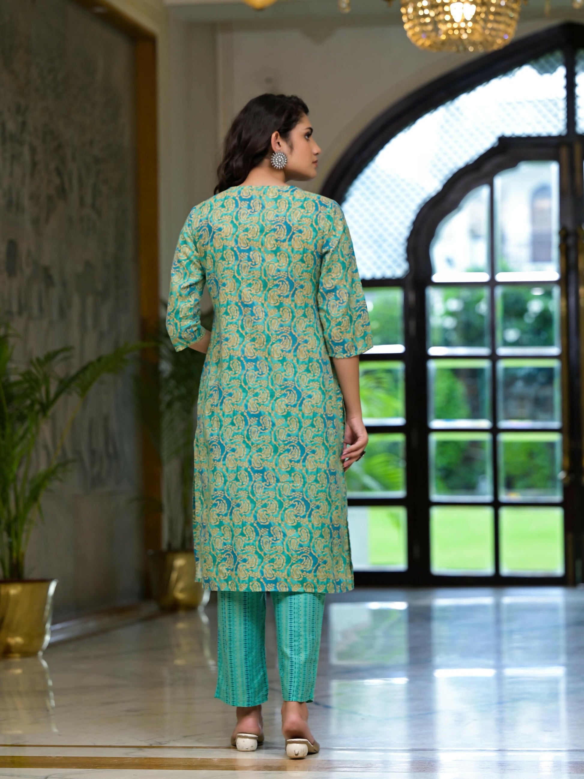 Juniper Women's Green Ethnic Motif Printed Cotton Kurta Pant And Dupatta Set With Mirror Work & Sequins
