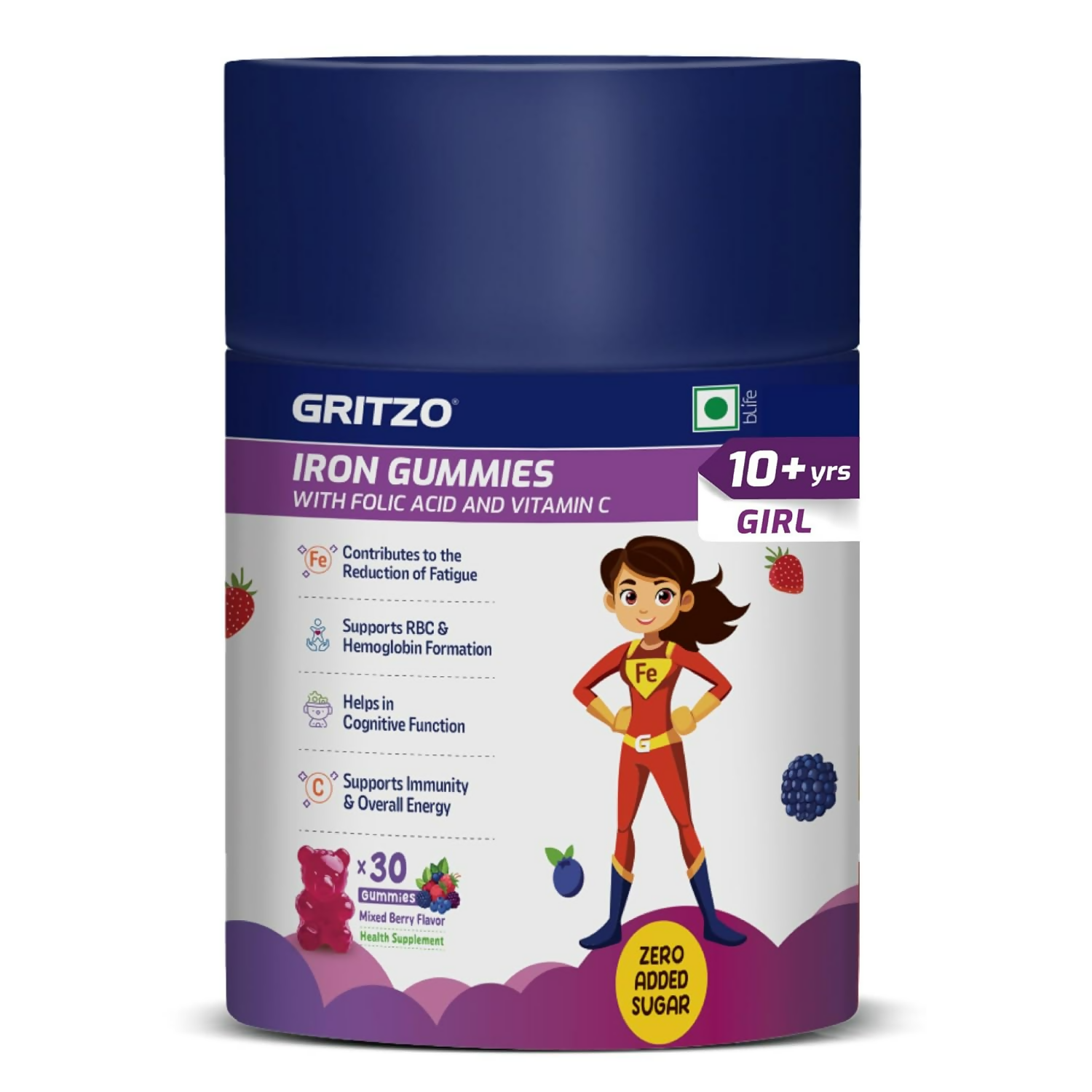 Gritzo Iron Gummies With Folic Acid & Vitamin C (10+y Girls) (Mixed Berry Flavour 30 Gummies)