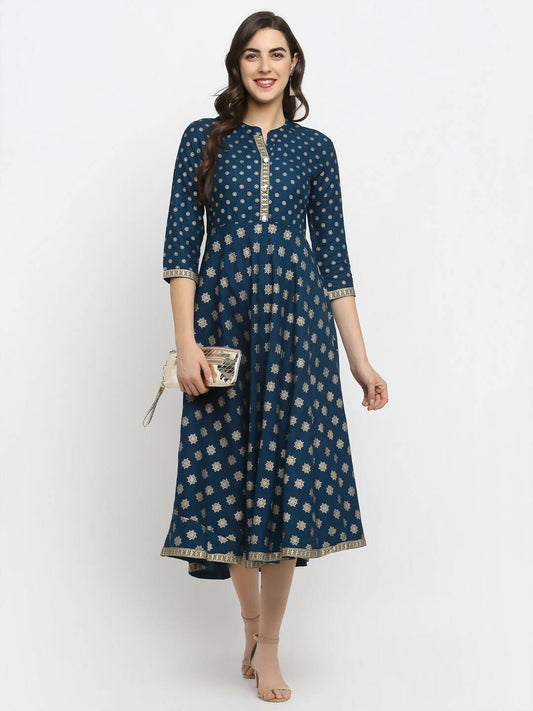 Rudra Bazaar A-Line Gold Floral Printed Turquoise Blue Kurti
