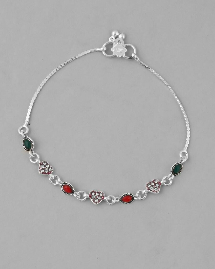 VOJ Set of 2 Silver Plated Heart Shaped Multi Color Anklet 