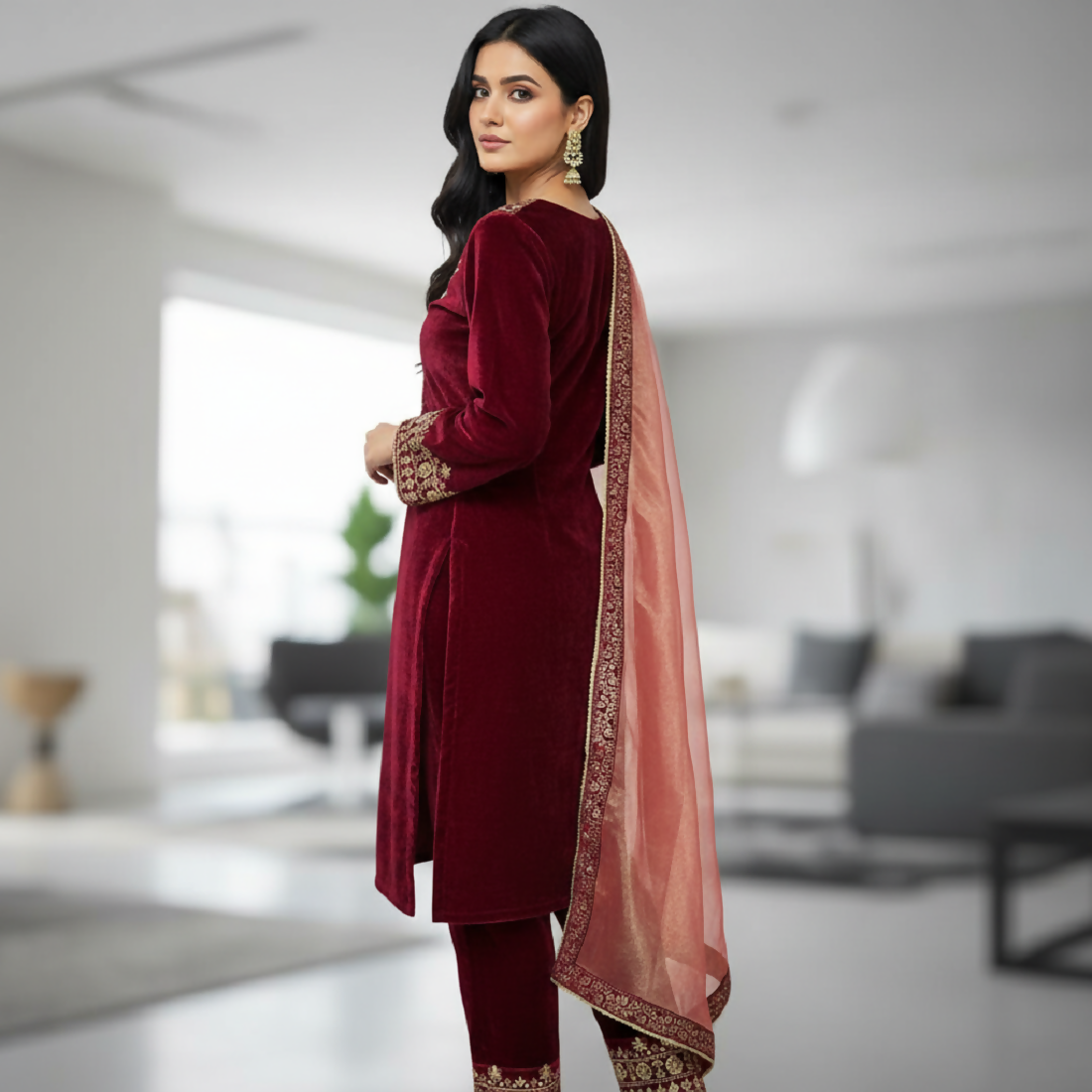 Joban Fashion Maroon Velvet Embroidery Sequence Work Readymade Kurta Set