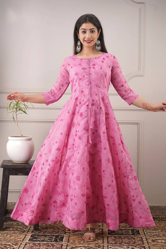 Partywear Designer Hand Screen and Foil Print pink Pure chanderi Gown - Anbazaar - Grab2buy