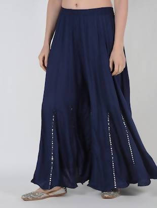 Mominos Fashion Navy Blue Viscose Rayon Flared Palazzo with Mirror Lace Work - Grab2buy