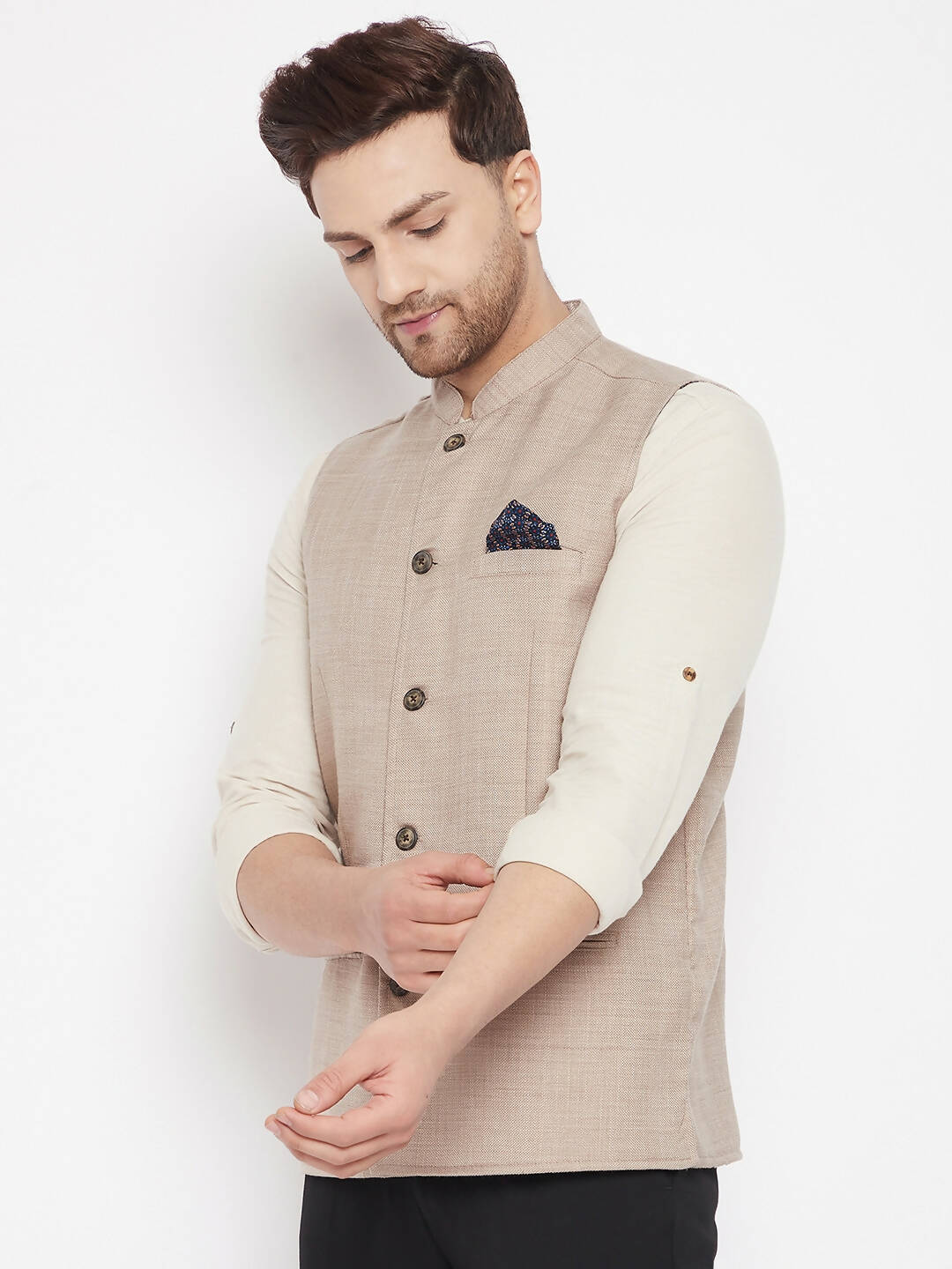 Even Apparels Cream Linen Men's Nehru Jacket-Contrast Lining-Inbuilt Pocket Square 