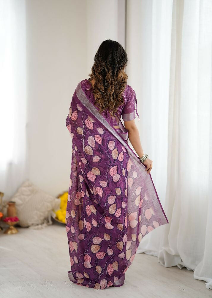 PR Fashion Purple Linen Patta Printed Saree