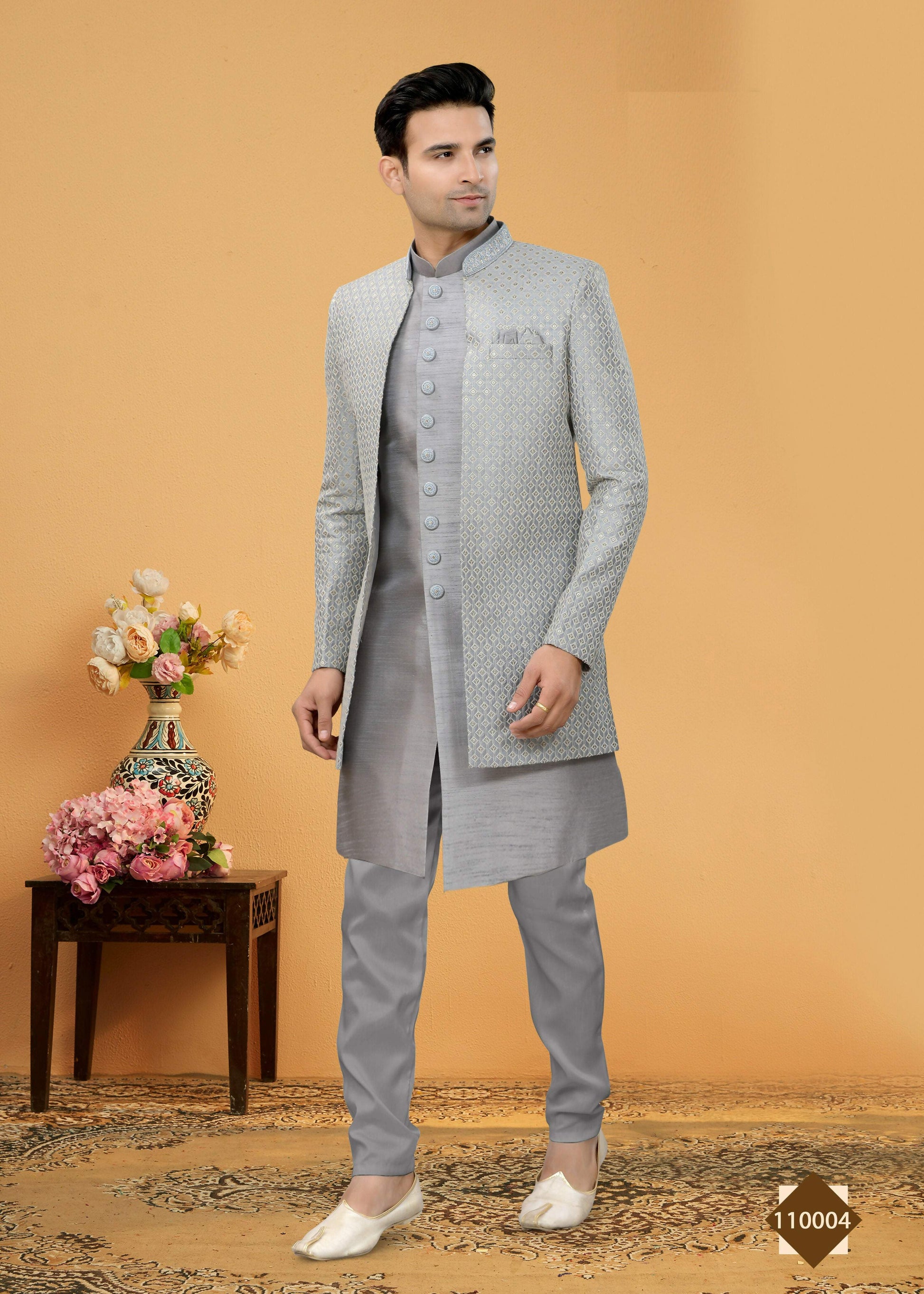 Joban Fashion Men's Grey Art Silk Plain Kurta Pyjama set