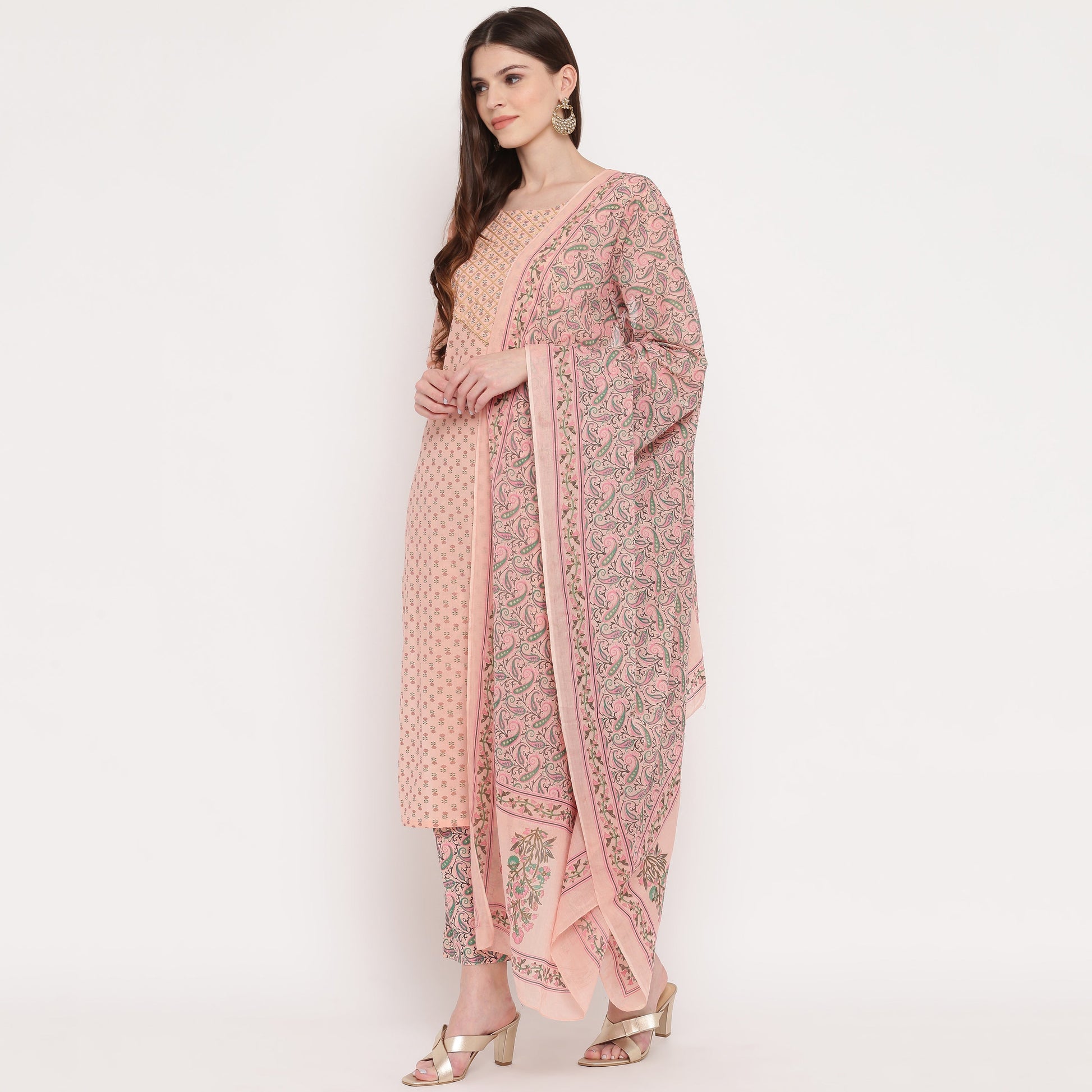 NOZ2TOZ Women's Foil Print & Gota Patti Work Straight Cotton Peach Kurta, Pant & Dupatta 