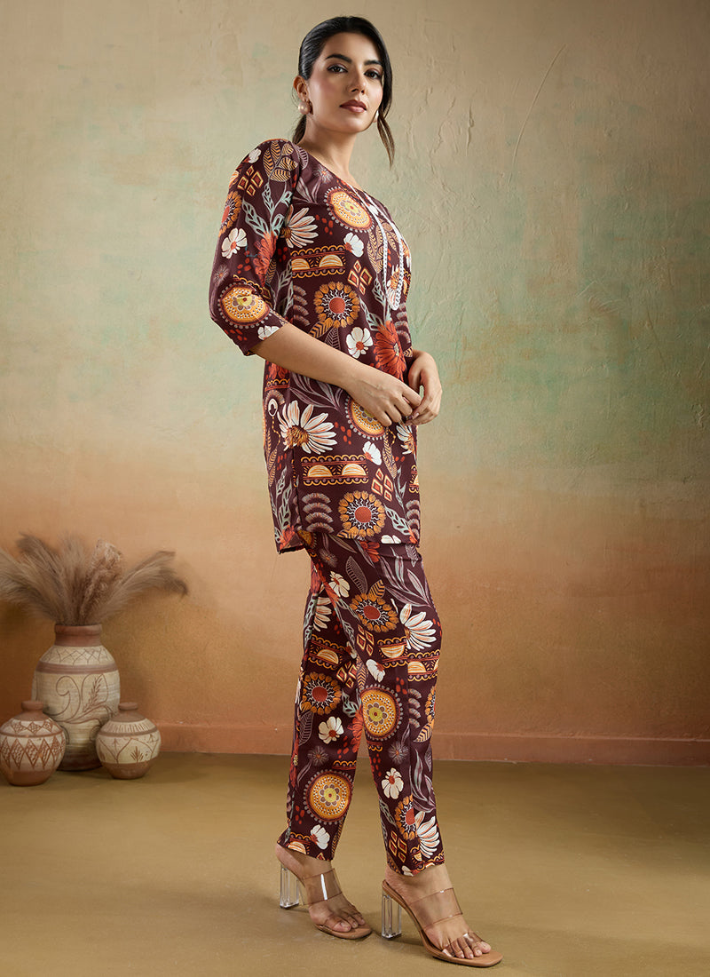 Prazu Fashion Brown Printed Cotton Reyon Festival Wear Co-Ord Set